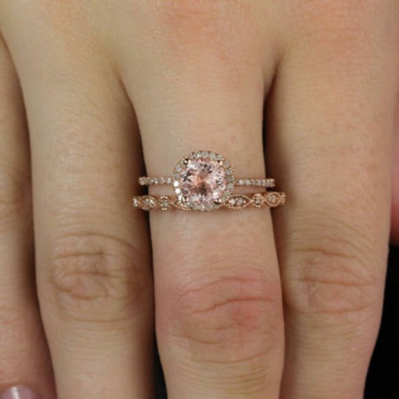 NEW 18K Rose Gold Pink&White Diamond 2P Ring Set - Picture 5 of 5